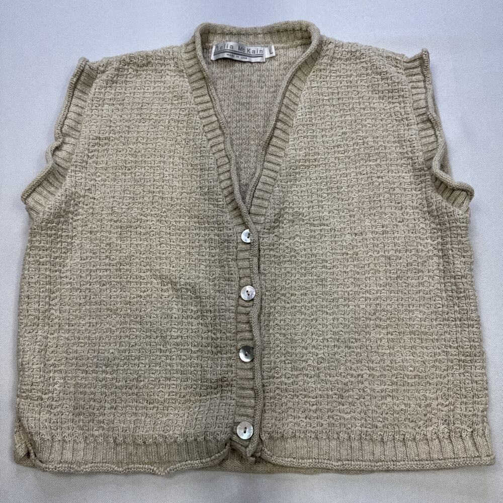 Vtg 90s Delia McKain Tan Knit USA Made Cardigan Sweater Vest Women Size L #0233